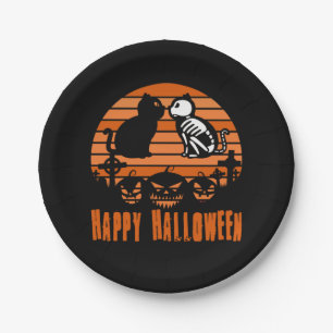 Plato De Papel Niños Felices Halloween Skeleton Cat Retro Sunset