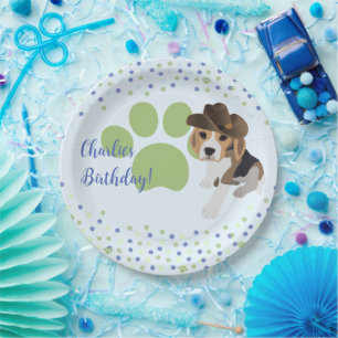 Plato De Papel Niños Fiesta Green Pawprint Gorra de Cachorros de