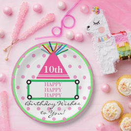 Plato De Papel Niños Fiestas Gorras Green Pink Polka Dots