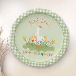 Plato De Papel Niños Floral Verde Uno Silly Goose Primer Cumpleañ