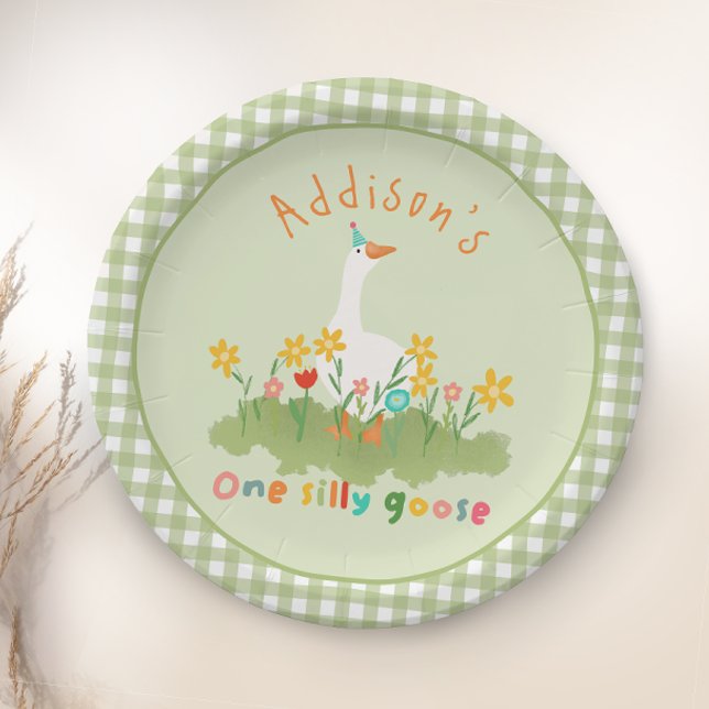 Plato De Papel Niños Floral Verde Uno Silly Goose Primer Cumpleañ (Subido por el creador)