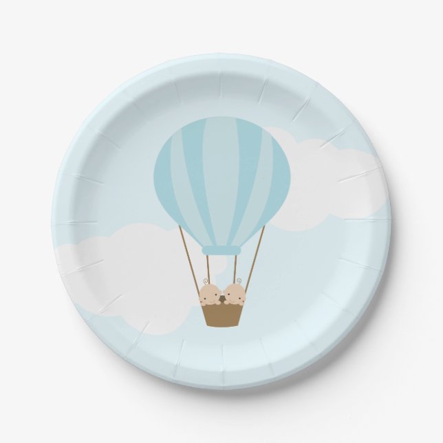 Plato De Papel Niños gemelos en globo aerostático Baby Shower (Anverso)