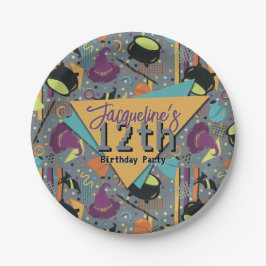 Plato De Papel Niños Gris Retro Brujería Halloween Cumpleaños