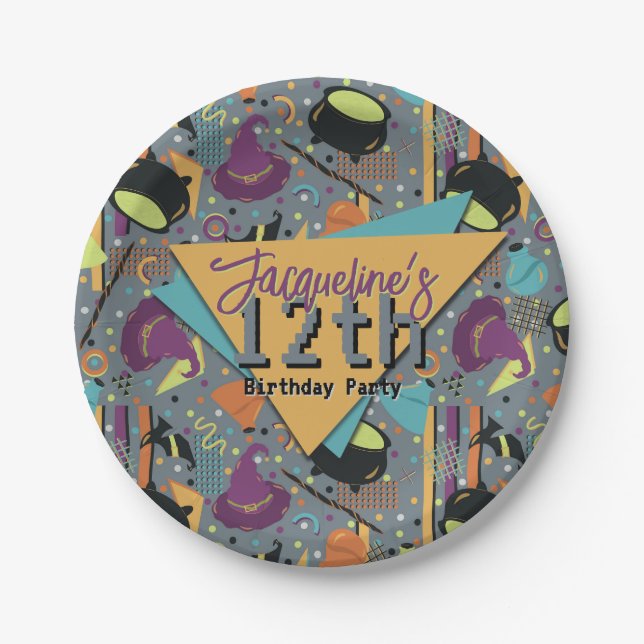 Plato De Papel Niños Gris Retro Brujería Halloween Cumpleaños (Anverso)