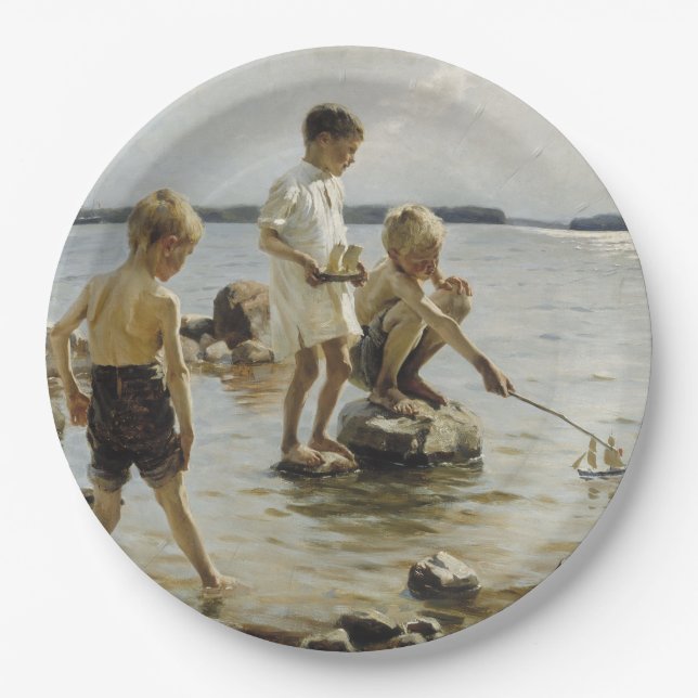Plato De Papel Niños jugando en la costa (por Albert Edelfelt) (Anverso)