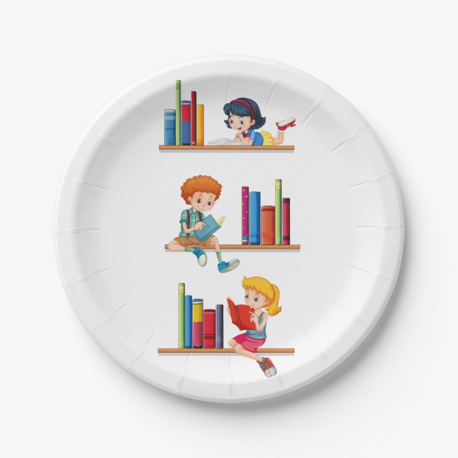 Plato De Papel Niños leyendo libros en estante (Anverso)