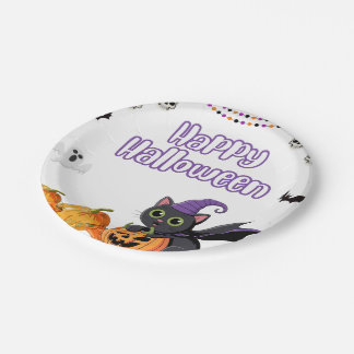 Plato De Papel Niños Lindos Feliz Halloween Gatos Negros