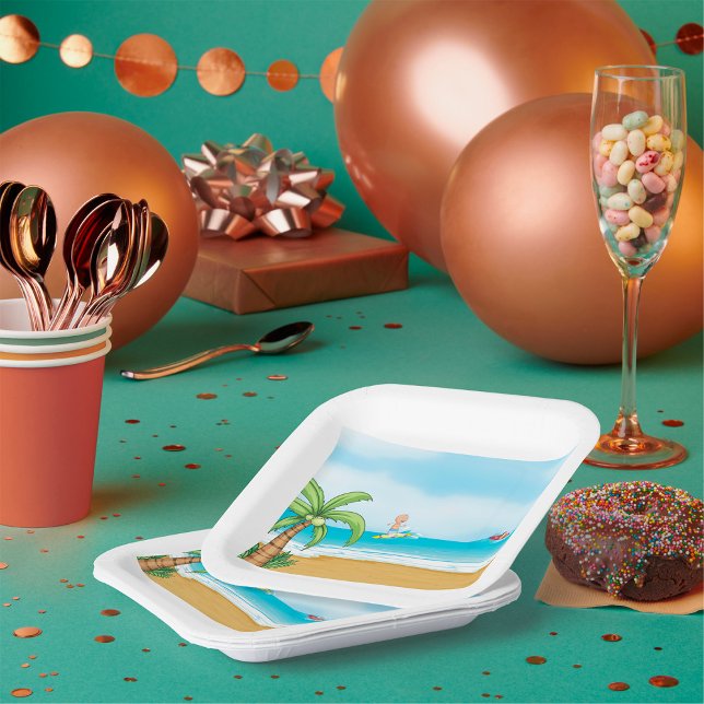 Plato De Papel Niños navegando en la playa tropical Océano verani (Subido por el creador)