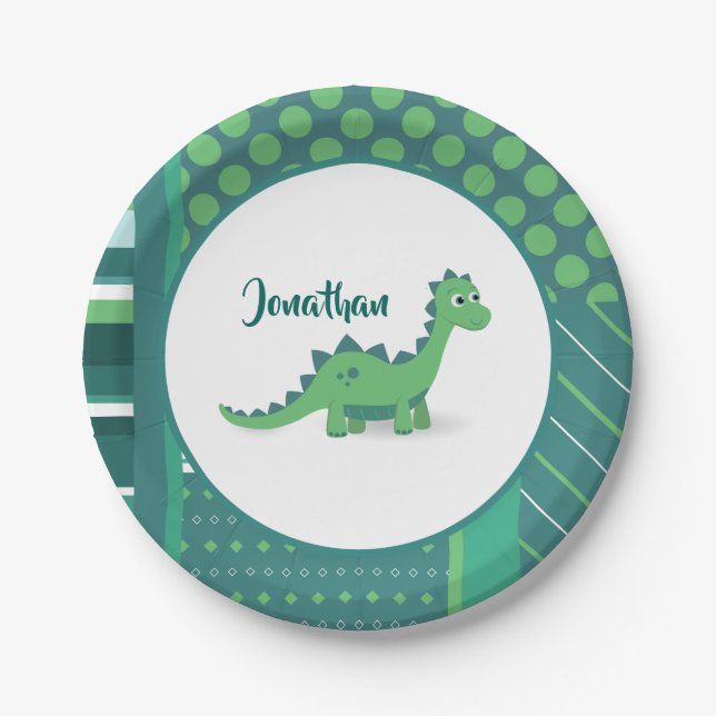 Plato De Papel Niños personalizados de dinosaurios con placa de p (Anverso)