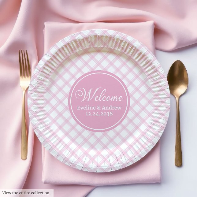 Plato De Papel Niños Placas de papel de cumpleaños Moda elegante  (Kids Birthday Paper Plates Pink Plaid Elegant Chic)