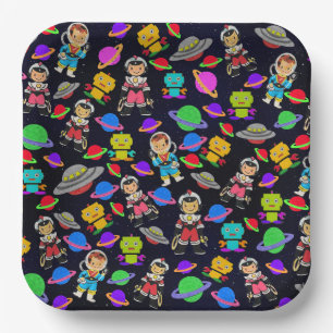 Plato De Papel Niños retro robos y astronautas