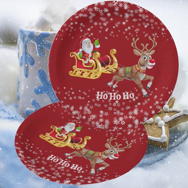 Plato De Papel Niños Santa Navidades Reindeer Sleigh Snowflake Re (Kids Santa Christmas Reindeer Sleigh Snowflake Red Paper Plates)