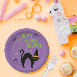 Plato De Papel No cruces mi camino Black Cat Halloween Purple