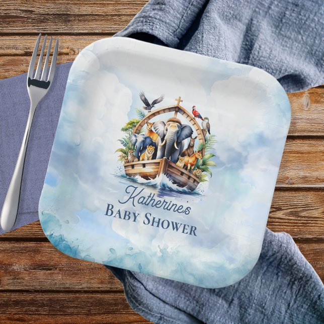 Plato De Papel Noah's Ark Cute Animals Blue Boy Baby Shower (Noah's Ark Cute Animals Boy Baby Shower Paper Plates)