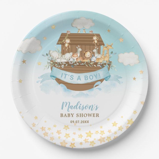 Plato De Papel Noah's Ark Cute Animals Boy Birthday Baby Shower (Anverso)