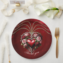 Plato De Papel Noble corazón gótico con flores.