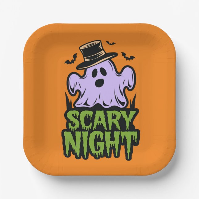 Plato De Papel Noche aterradora con Fiesta fantasma de Halloween (Anverso)