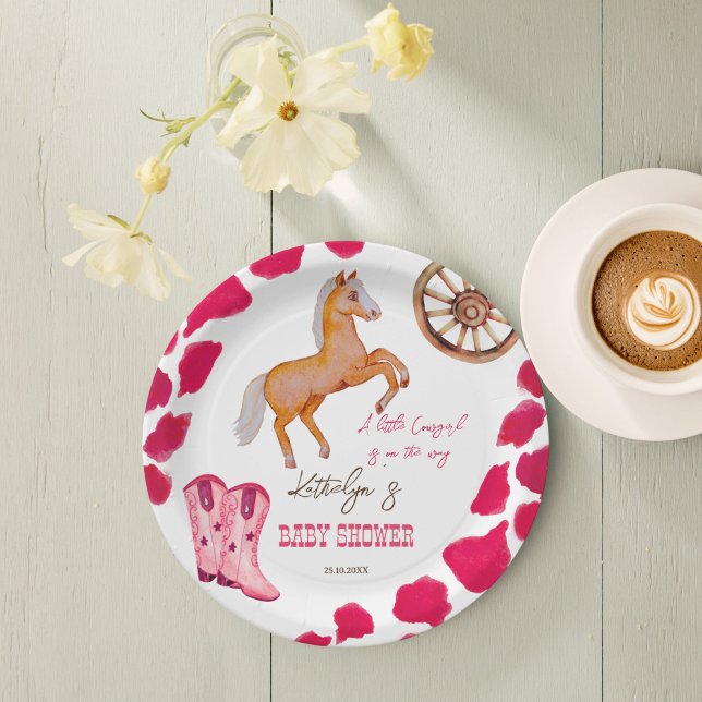 Plato De Papel Noche chica rodeo occidental linda ducha bebé rosa (Cowgirl western rodeo baby shower pink customized paper plates cute baby horse personalized plates)