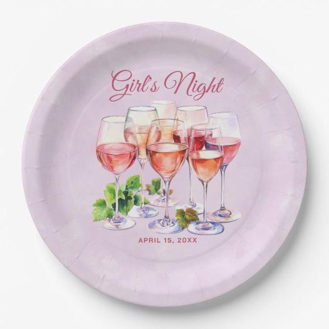 Plato De Papel Noche de chicas rosadas con vino  (Anverso)