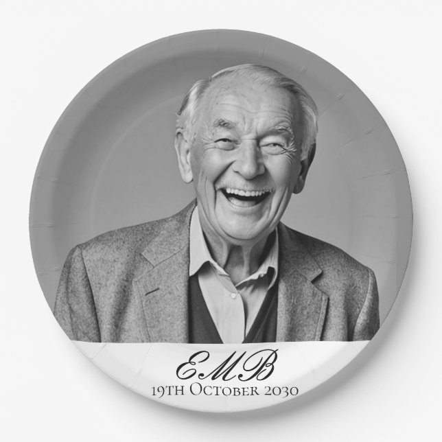 Plato De Papel Noche de cumpleaños masculino elegante foto Monogr (Anverso)