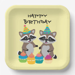 Plato De Papel Noche de cumpleaños raccoon lindo amarillo claro