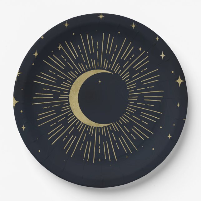 Plato De Papel Noche de estrellas doradas ráfaga solar celestial  (Anverso)