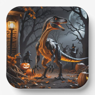 Plato De Papel Noche De Halloween Con Un Velociraptor