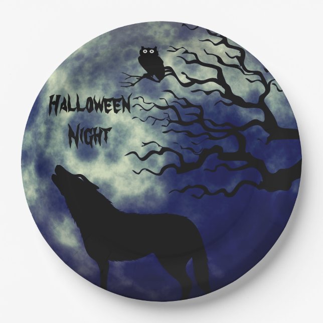 Plato De Papel Noche de Halloween luna llena 2 papel (Anverso)