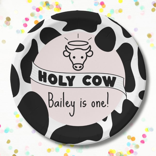 Plato De Papel Noche de vacas sagradas fiesta de cumpleaños vaca  (Holy cow birthday plate with custom name and age cow print pink bday party plate)
