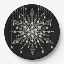 Plato De Papel Noche elegante de copo de nieve luce gris negro de