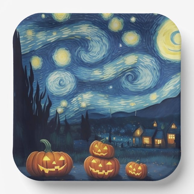 Plato De Papel Noche estrellada Van Gogh Halloween (Anverso)