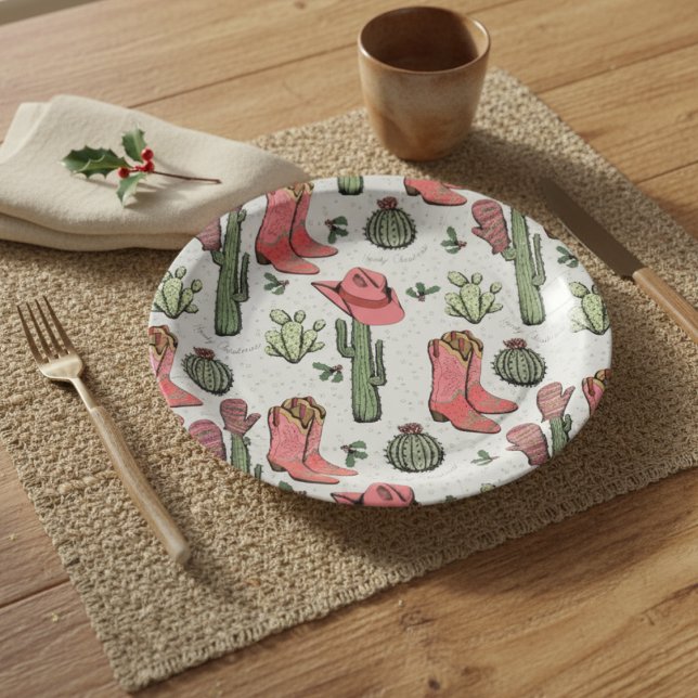 Plato De Papel Noche navideña occidental boots Navidades Howdy (Gray Country Christmas Paper Plates Western Howdy Christmas Cowgirl Boots, Hat, Cacti Holly Berries)
