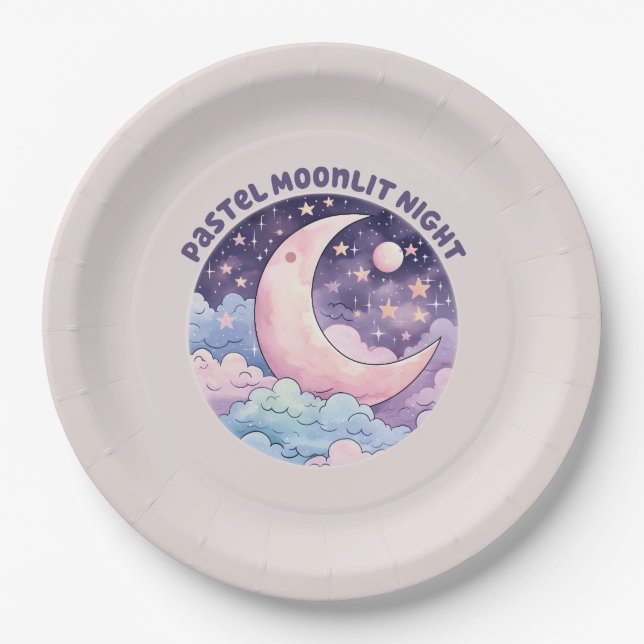 Plato De Papel Noche Pastel Moonlit - Luna Crescent Dreamy (Anverso)