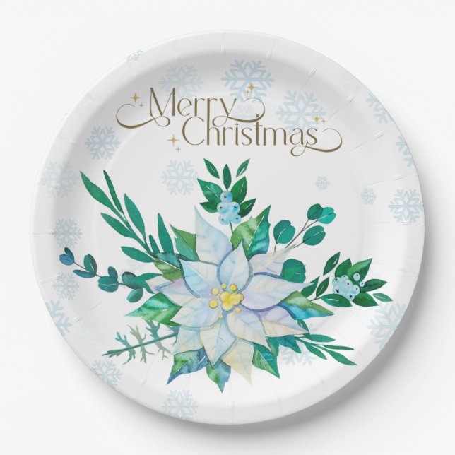 Plato De Papel Nochebuena Nochebuena Poinsettia White Snowflakes (Anverso)