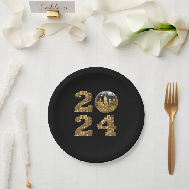 Plato De Papel Nochevieja 2024 Fiesta-Ball-Oro-NYC - (Boda)