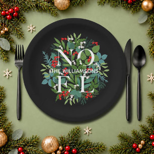 Plato De Papel NOEL Berries Greenery Navidades Negro