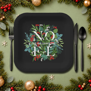 Plato De Papel NOEL Greenery Navidades Negros Personalizados