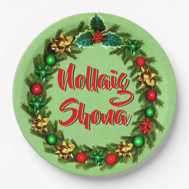 Plato De Papel Nollaig irlandés Shona Feliz Navidad 9″ (Anverso)