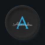 Plato De Papel Nombra de monograma de guión azul negro<br><div class="desc">Monograma azul y negro Añade tus propias placas de Fiesta de guión de nombre. Esto hace que el dulce perfecto cumpleaños 16,  boda,  ducha de novia,  aniversario,  ducha de bebé o fiesta de soltera sea regalo para alguien que ama el lujo glam y los estilos de moda.</div>
