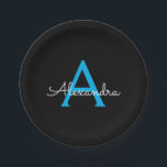 Plato De Papel Nombra de monograma de guión azul negro<br><div class="desc">Monograma azul y negro Añade tus propias placas de Fiesta de guión de nombre. Esto hace que el dulce perfecto cumpleaños 16,  boda,  ducha de novia,  aniversario,  ducha de bebé o fiesta de soltera sea regalo para alguien que ama el lujo glam y los estilos de moda.</div>