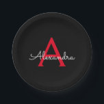 Plato De Papel Nombra de monograma de guión negro rojo<br><div class="desc">Monograma Rojo y Negro Añade tus propias placas de Fiesta de guiones de nombre. Esto hace que el dulce perfecto cumpleaños 16,  boda,  ducha de novia,  aniversario,  ducha de bebé o fiesta de soltera sea regalo para alguien que ama el lujo glam y los estilos de moda.</div>