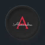 Plato De Papel Nombra de monograma de guión negro rojo<br><div class="desc">Monograma Rojo y Negro Añade tus propias placas de Fiesta de guiones de nombre. Esto hace que el dulce perfecto cumpleaños 16,  boda,  ducha de novia,  aniversario,  ducha de bebé o fiesta de soltera sea regalo para alguien que ama el lujo glam y los estilos de moda.</div>