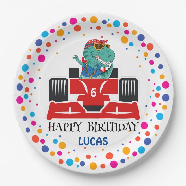 Plato De Papel Nombramiento del niño de carreras rojas de Dinosau (Anverso)