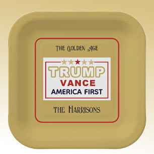 Plato De Papel Nombre, 2025 Trump-Vance America primero, 7-in Squ