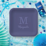 Plato De Papel Nombre azul de la marina desfasada y monograma ini<br><div class="desc">Nombre elegante y Fiesta de Bachelorette de Monograma Inicial, Fiesta de Cumpleaños o cualquier fiesta personalizado imaginable que pueda ser personalizado con su nombre inicial y de pila. El color de fondo también se puede personalizar para que coincida con la decoración deseada. Pulse el botón personalizar para cambiar los colores...</div>