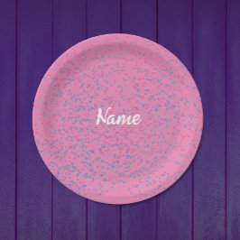 Plato De Papel Nombre blanco moderno con puntos rosados y azules