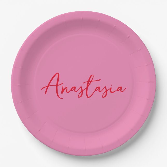 Plato De Papel Nombre caligráfico profesional personalizado rosa (Anverso)