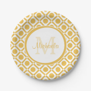 Plato De Papel Nombre con monograma geométrico amarillo y blanco