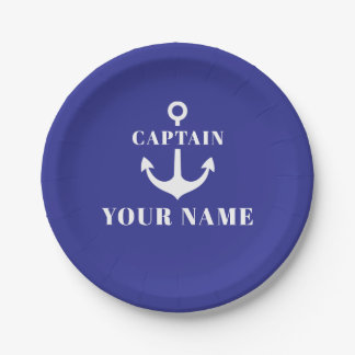 Plato De Papel Nombre de Capitán Personalizado Ancla Azul
