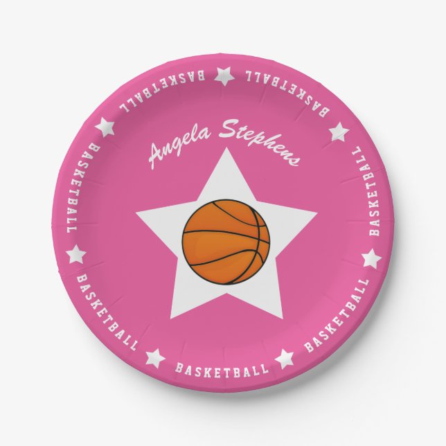 Plato De Papel Nombre de estrella de baloncesto rosa (Anverso)